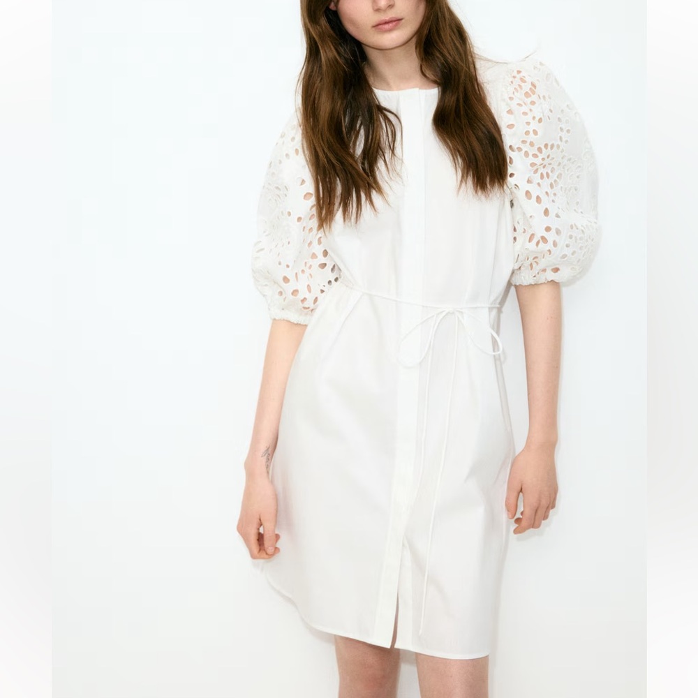 H&M NEW Summer White Elegant White Eyelet Dress Size XL Embroidered Sleeves
